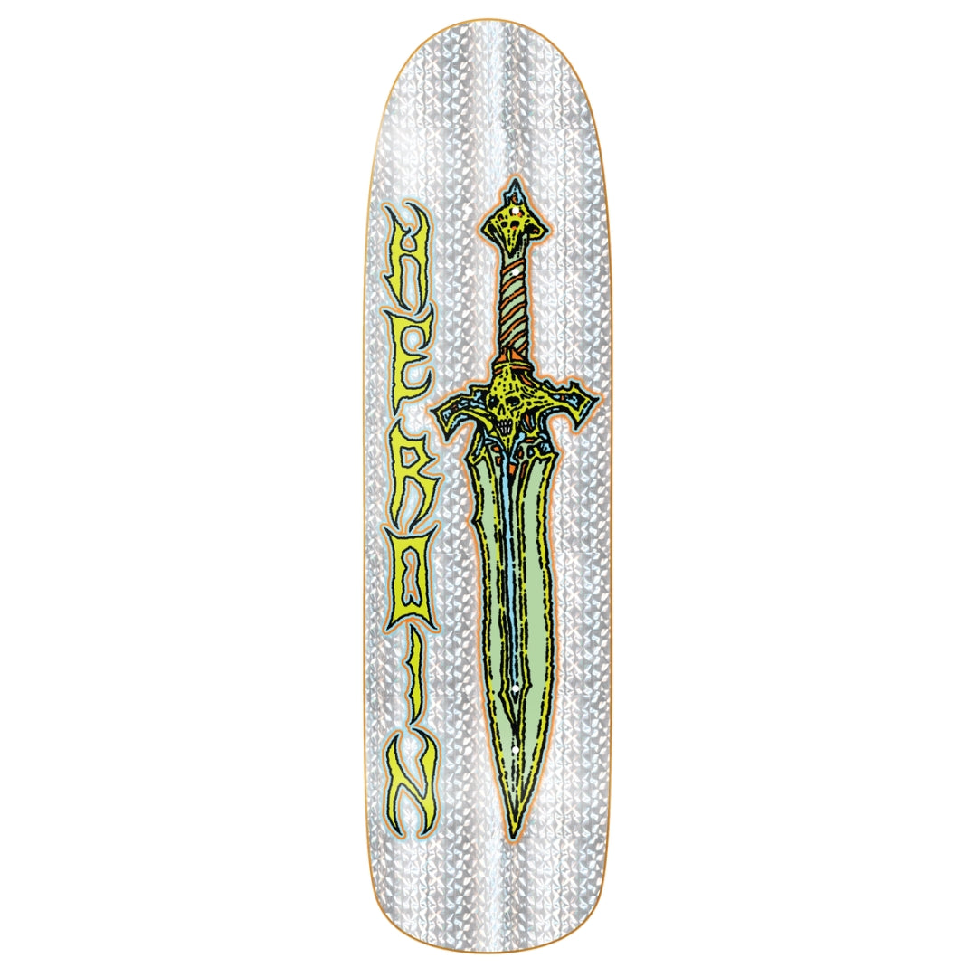 Skateboard deck with a sword design and 'Buckler' branding on a white background