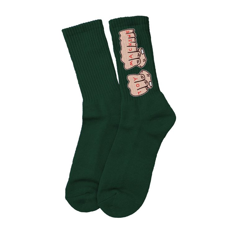 Green socks with pink and white graphic design on a white background