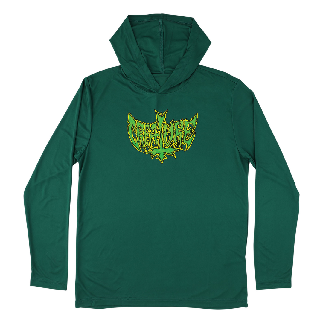 A dark green long-sleeve hooded shirt with a stylized green and yellow 'Dreadnaught' logo printed on the chest, displayed against a solid white background.