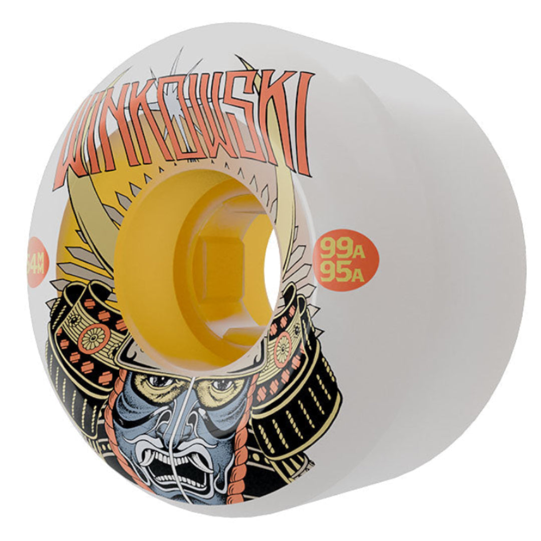 A single white skateboard wheel with a yellow center, featuring a graphic illustration of a face in a headdress and the text 'KRAKOWSKI' and '99A USA' on a clean white background.