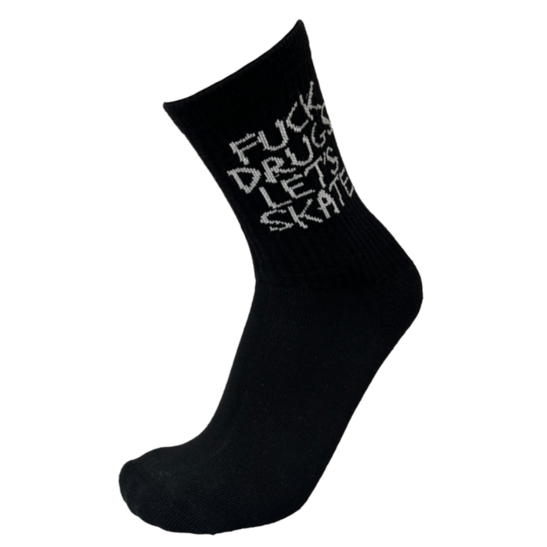 Black sock with white text on a white background