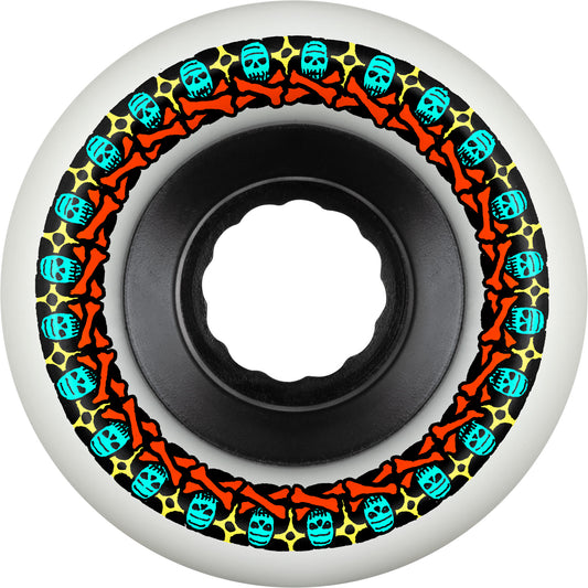 Skateboard wheel with colorful skull and bone pattern on a white background