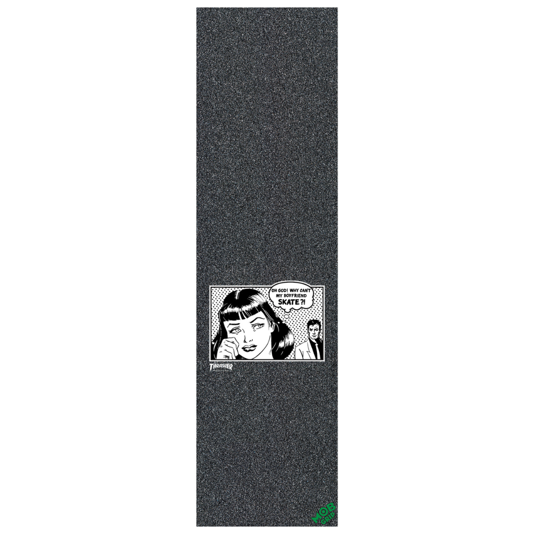 Grip tape with a graphic design of a woman's face and text on a black background