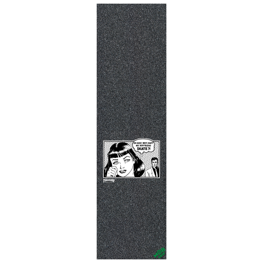 Grip tape with a graphic design of a woman's face and text on a black background