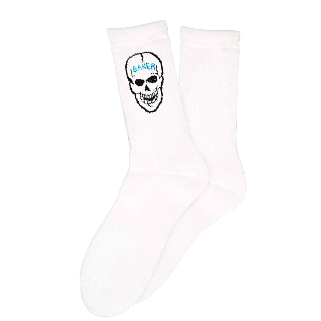 White sock with a skull design and 'Baker' branding on a white background
