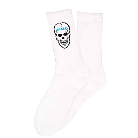 White sock with a skull design and 'Baker' branding on a white background