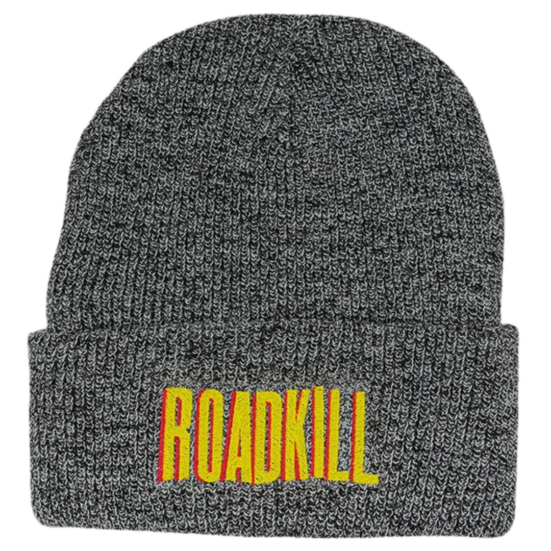 Gray knit beanie with 'ROADKILL' in yellow on a white background