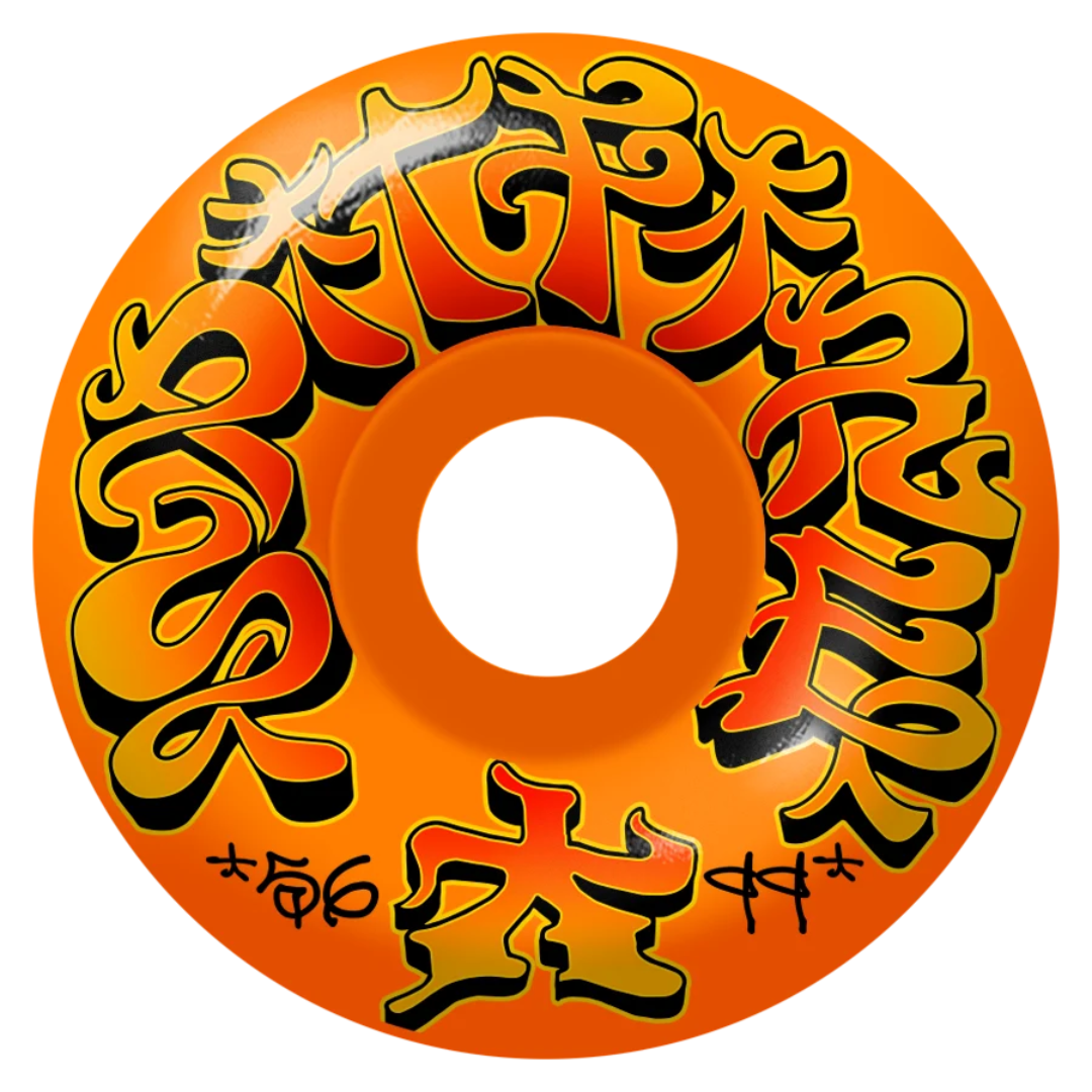 An orange skateboard wheel with stylized graffiti-style lettering in red, yellow, and black, shown on a plain white background.