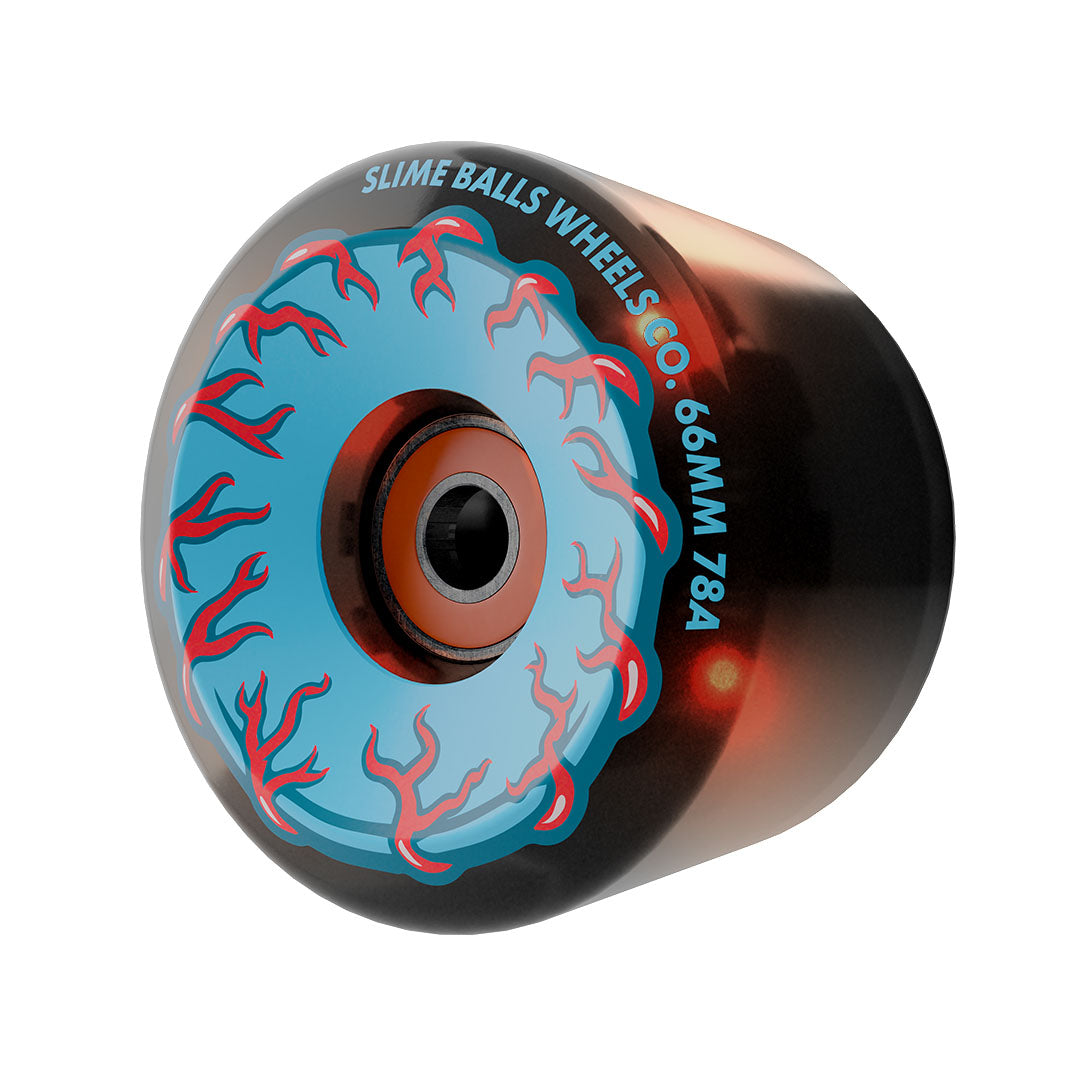 A single skateboard wheel from Slime Balls Wheels Co. featuring a translucent dark brown outer barrel, a bright blue center with red coral-like patterns, and white printed text reading 'SLIME BALLS WHEELS CO.