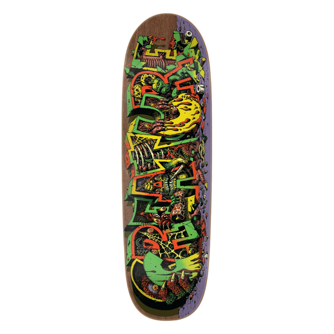 Skateboard deck with colorful abstract design on a white background