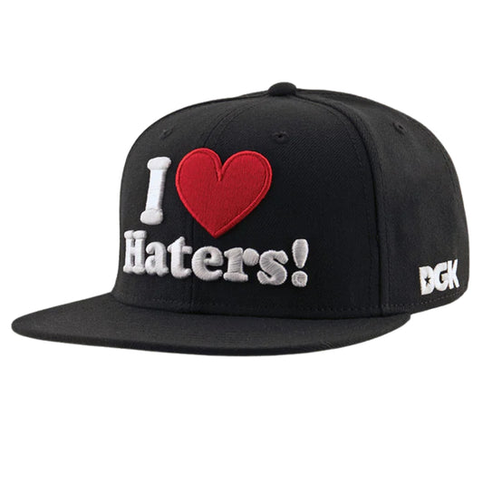 Black cap with 'I ❤️ Haters!' text and DGK logo on a white background