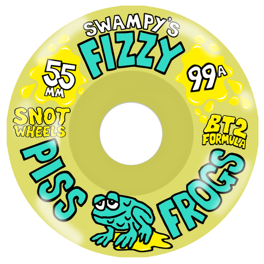 A single skateboard wheel shown on a plain white background. The wheel is pale yellow-green with large teal and white lettering that reads 'Swampy's Fizzy Piss Frogs,' plus smaller text including '55 mm,' '99A,' 'Snot Wheels,' and 'BT2 Formula.