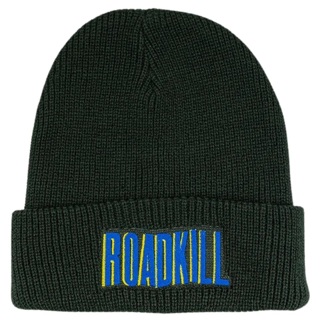 Black beanie with 'ROADKILL' embroidery on a white background