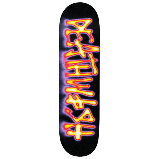 Skateboard deck with colorful text design on a black background