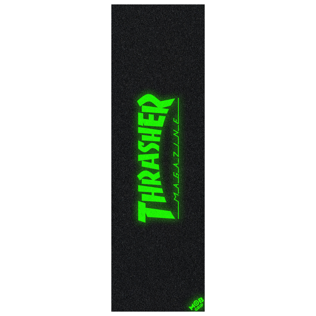 Thrasher Magazine grip tape featuring a bright neon green logo on a textured black background, shown vertically against a white backdrop.