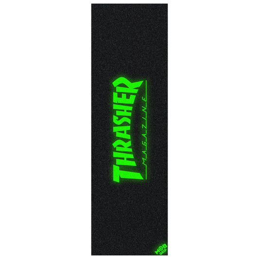 Thrasher Magazine grip tape featuring a bright neon green logo on a textured black background, shown vertically against a white backdrop.