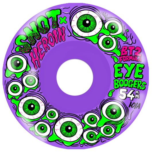 A purple skateboard wheel with a novelty horror-themed graphic featuring green slime, cartoon eyeballs, and pink and green text reading 'Shotx Heroin', 'BT2 Formula', and 'Eye Boogers 54mm'.