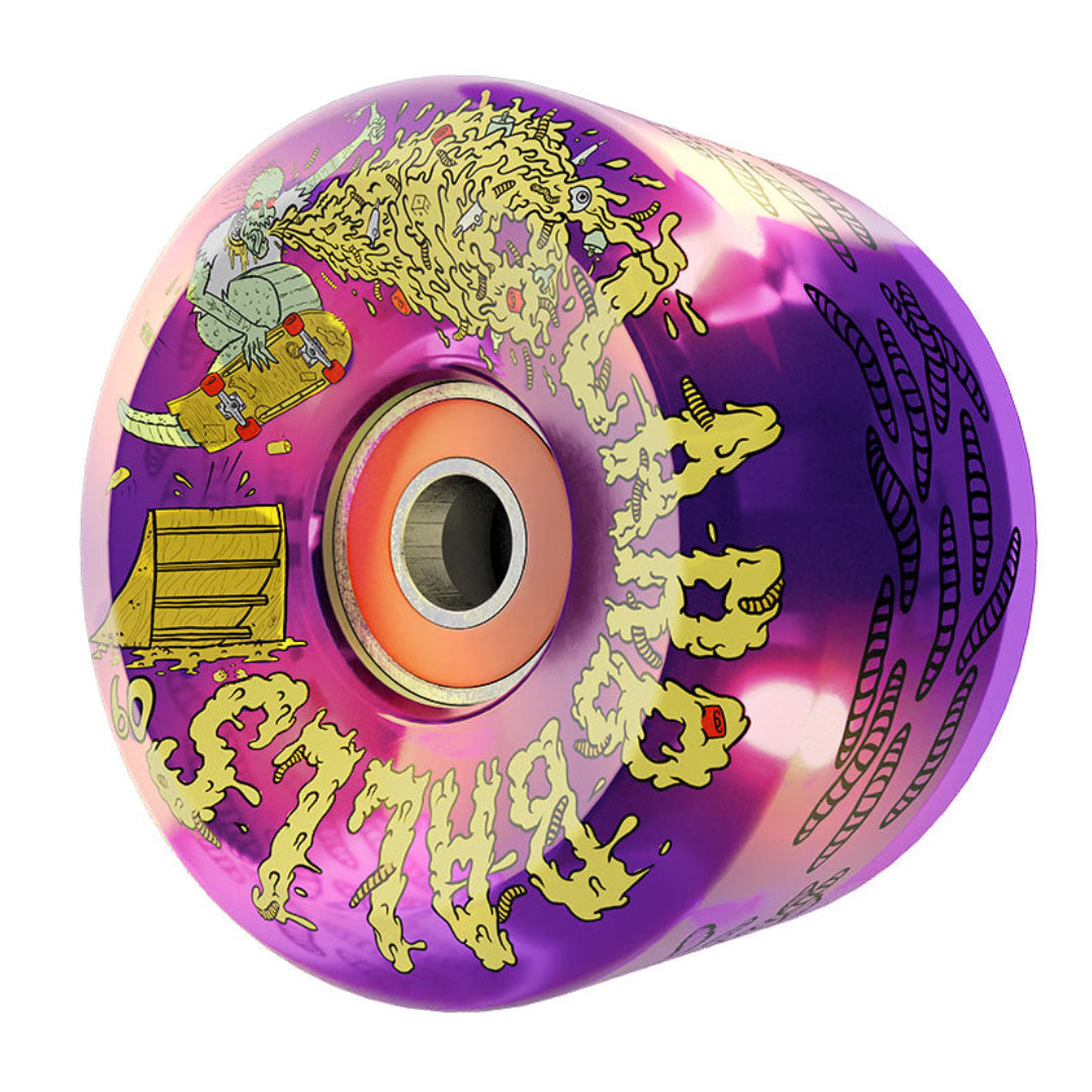 A single skateboard wheel with a metallic purple and pink tie-dye pattern, featuring yellow 'SABERTOES' branding, a cartoon graphic, and black line art on a plain white background.