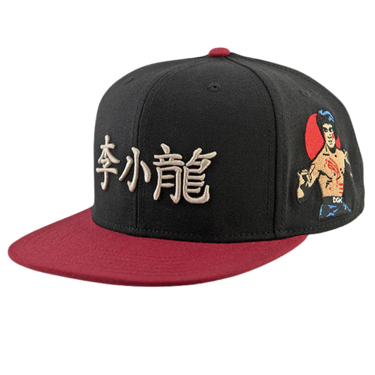Black and red cap with embroidered design and text on a white background