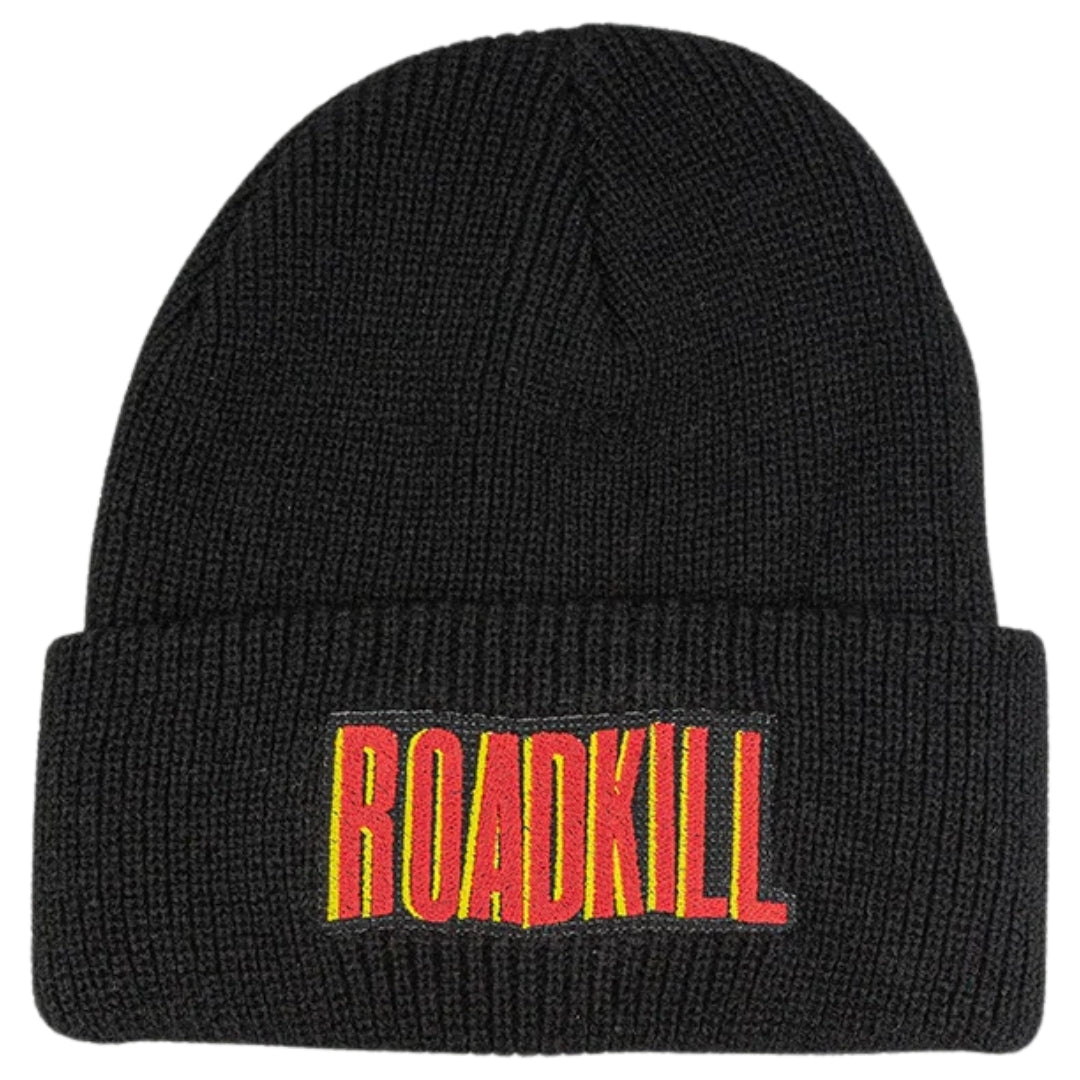 Black beanie with 'ROADKILL' in red and yellow on a white background