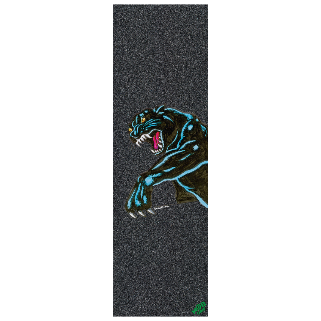 A vertical grip tape strip featuring a graphic of a roaring black panther with glowing blue highlights, pink mouth, and yellow eyes on a dark gray speckled background.