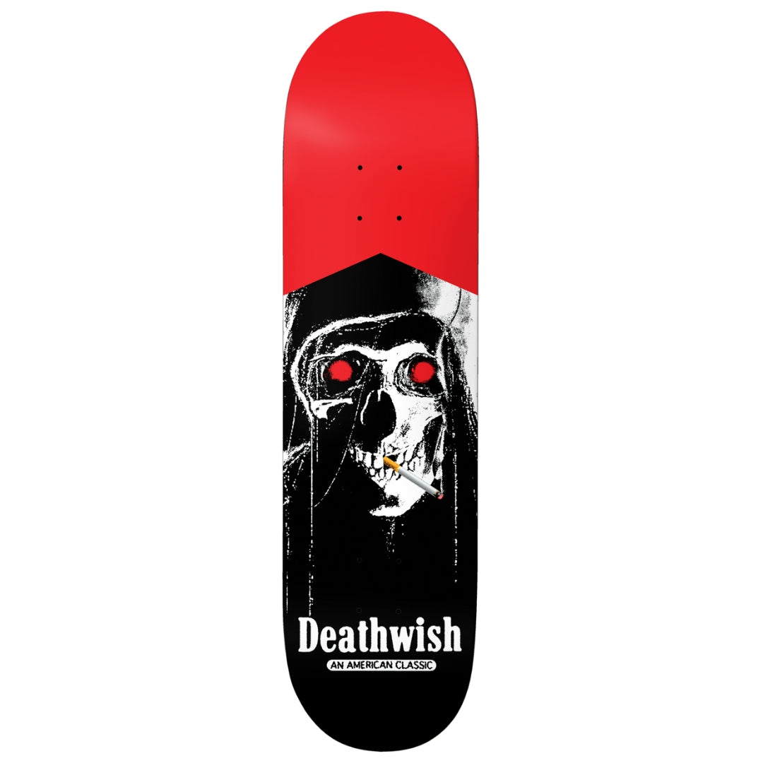 Skateboard deck with a skull design and red top on a white background