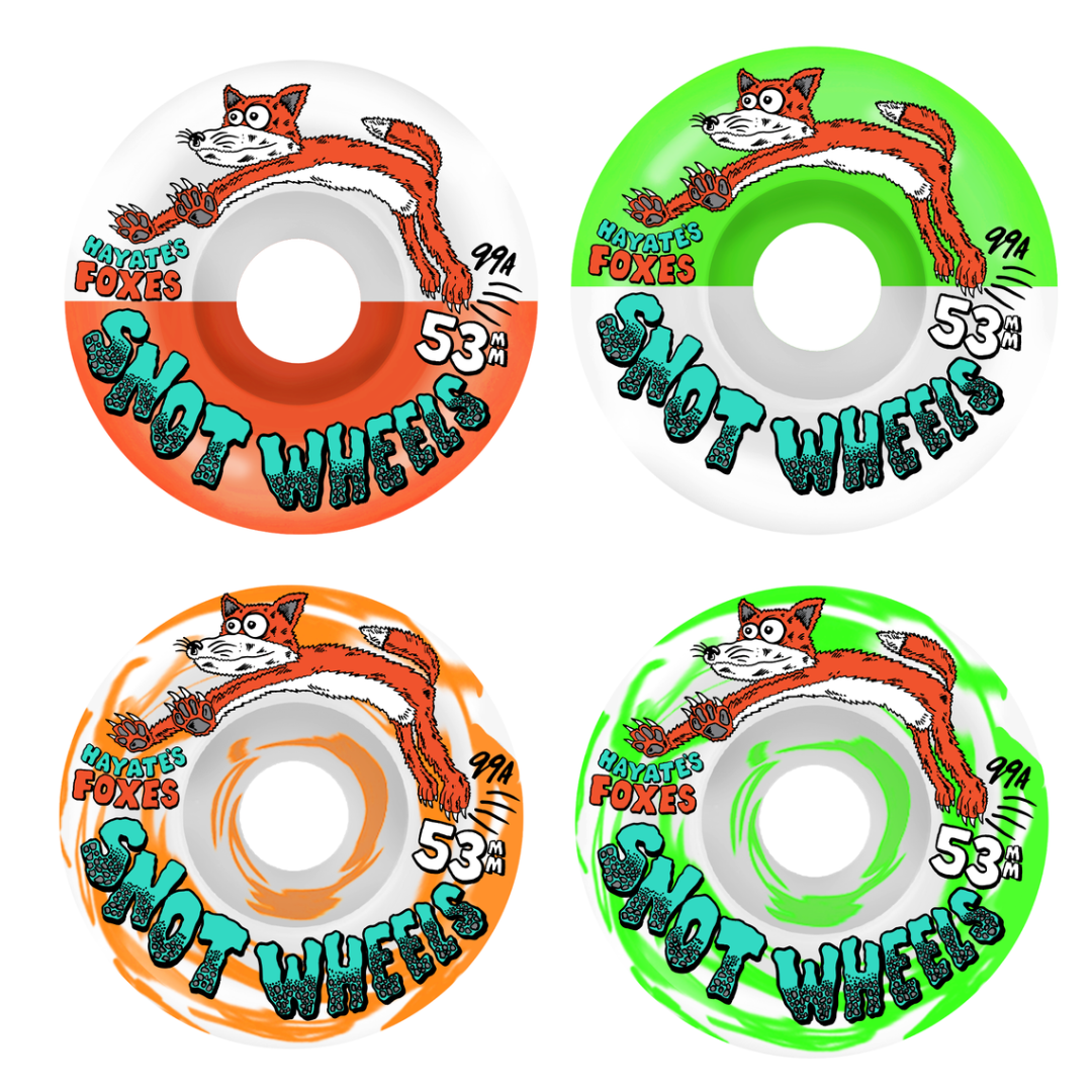 Four skateboard wheels arranged in a 2x2 grid, each with a different bright colorway: white/orange, white/green, orange/white, and green/white. Each wheel features a cartoon fox graphic and the text 'Biker Foxes' and 'Shot Wheels.