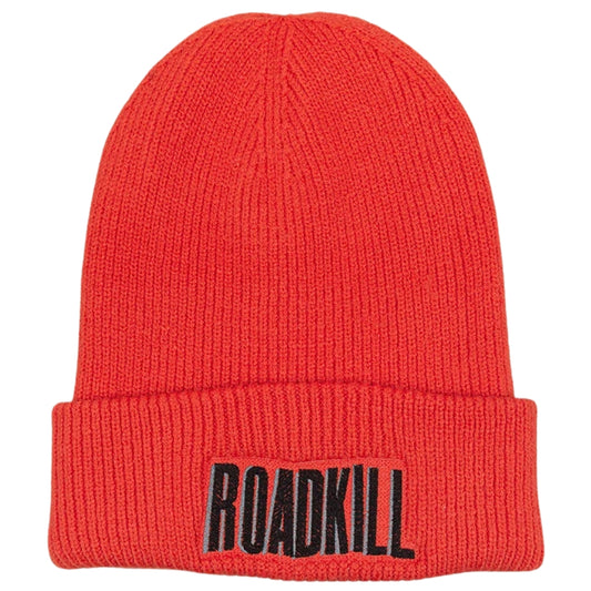 Red beanie with 'ROADKILL' text on a white background
