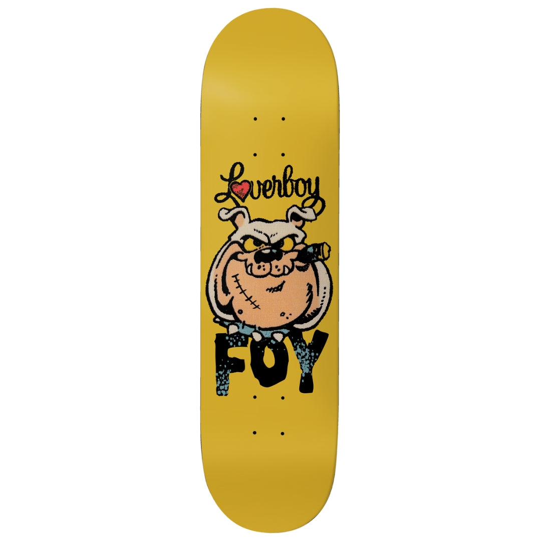 Skateboard deck with a cartoon design of a fox and text on a yellow background