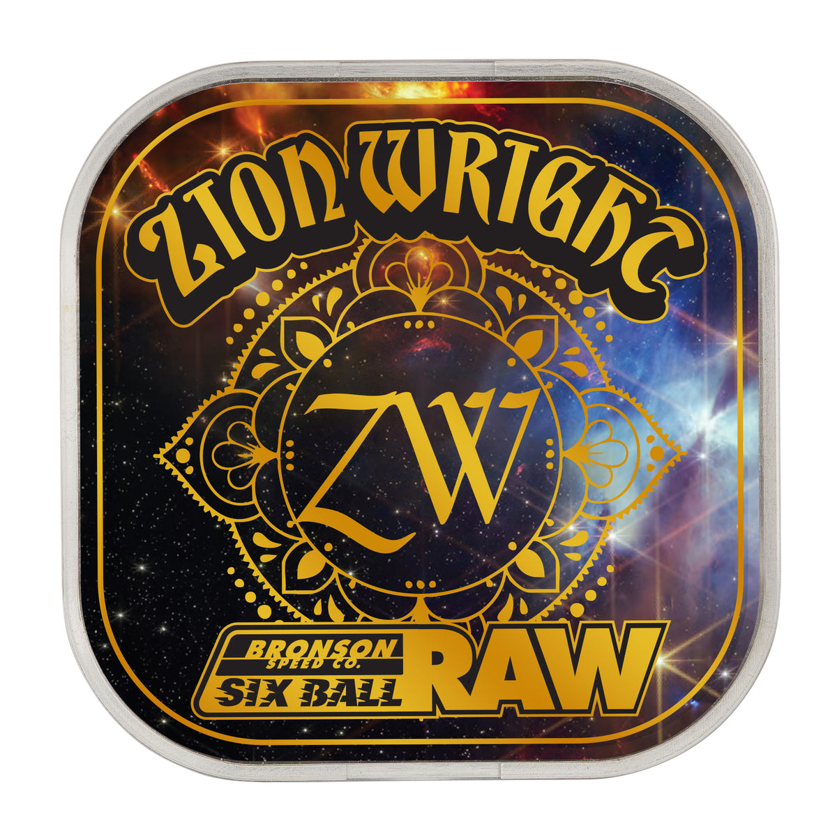 A square metal tin of Bronson Wire Cut Wire, model Zion Wrthc Raw, featuring a cosmic space design with gold ornate lettering and a clear plastic snap lid.