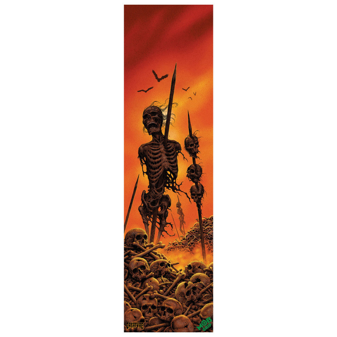 A tall, narrow vertical artwork showing a dark skeletal figure holding a spear amidst skulls, with additional skulls and bats against a fiery red and orange sky. The scene appears to be the product itself rather than a photo of a physical object in a room, so subject_type is Scenery.
