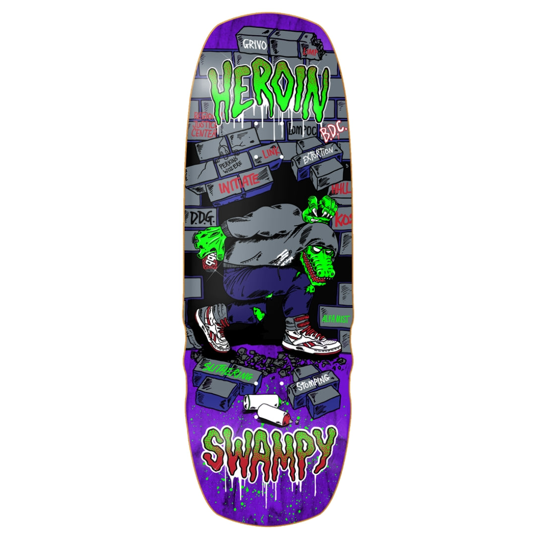 Skateboard deck with colorful graphics and text on a white background
