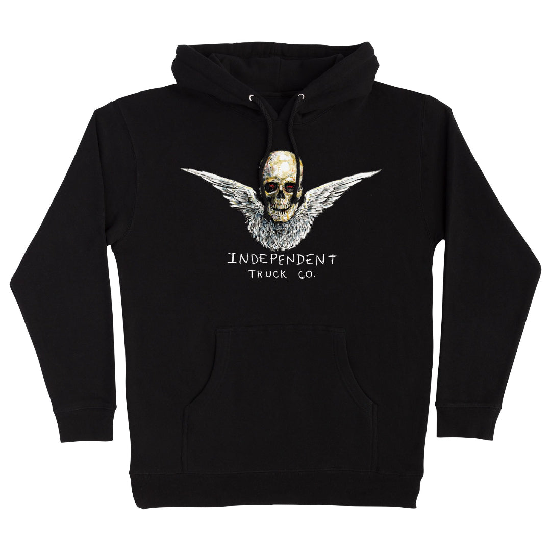 A black pullover hoodie featuring a graphic of a winged skull with the text 'INDEPENDENT TRUCK CO.' printed below it, displayed on a solid white background.