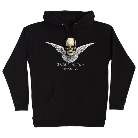 A black pullover hoodie featuring a graphic of a winged skull with the text 'INDEPENDENT TRUCK CO.' printed below it, displayed on a solid white background.