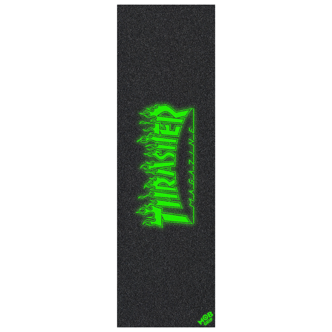A vertical grip tape strip with a black textured surface and a bright neon green Thrasher logo in the center, shown on a white background.