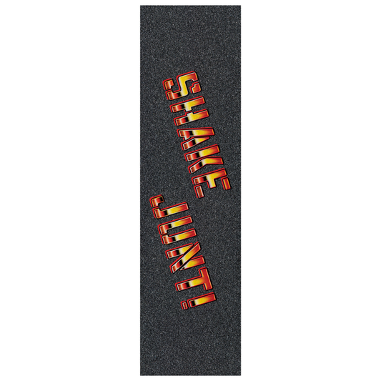 A vertical grip tape strip on a white background, featuring a dark gray textured surface with the words 'SHAKE JUMP!' printed diagonally in red, orange, and yellow 3D lettering.