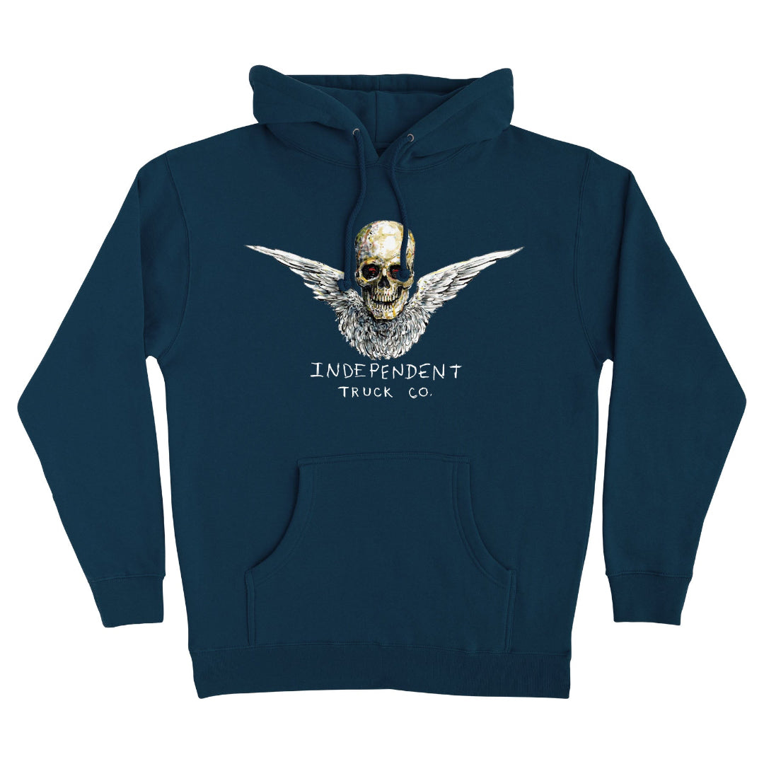A navy blue pullover hoodie featuring a graphic of a winged skull with the text 'INDEPENDENT TRUCK CO.' printed below it, displayed on a clean white background.