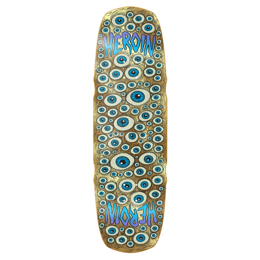 Skateboard deck with 'HEROIN' branding and eye pattern design on a white background