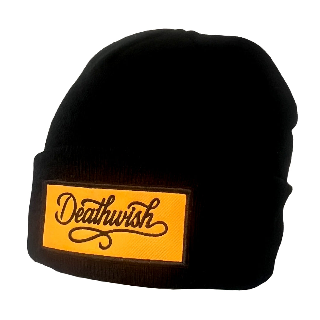 Black beanie with a yellow 'Deathwish' logo on a white background