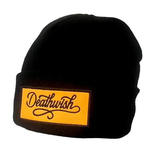 Black beanie with a yellow 'Deathwish' logo on a white background
