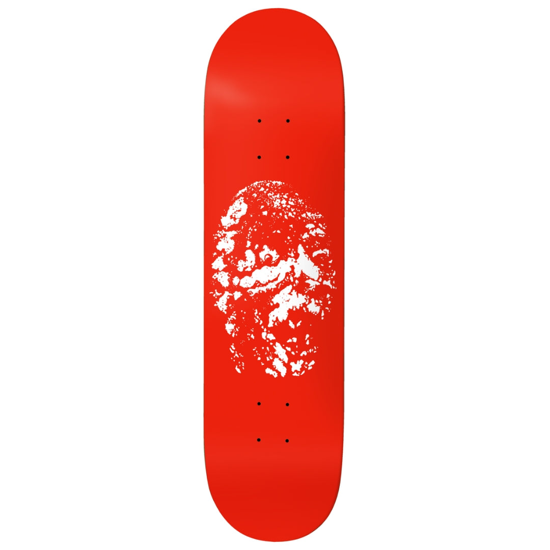 Red skateboard deck with a white graphic on a white background