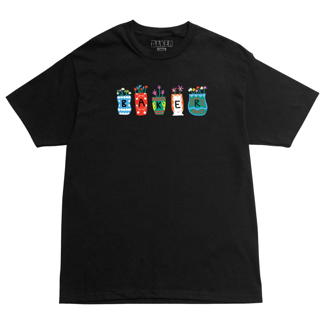 Black t-shirt with colorful 'Baker' logo on a white background