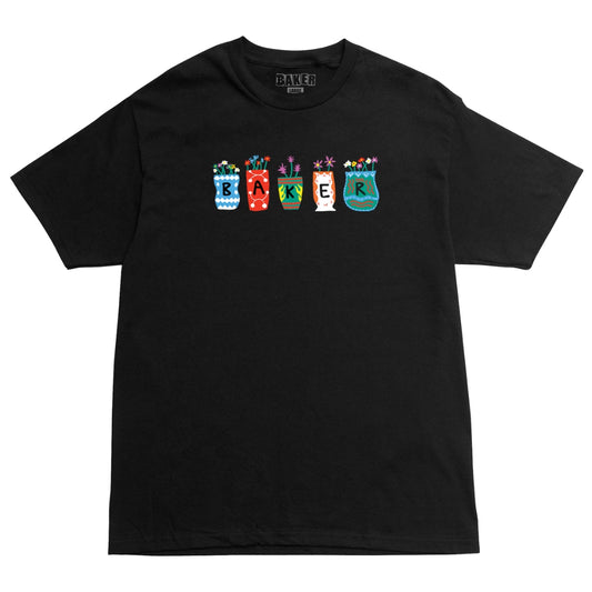 Black t-shirt with colorful 'Baker' logo on a white background