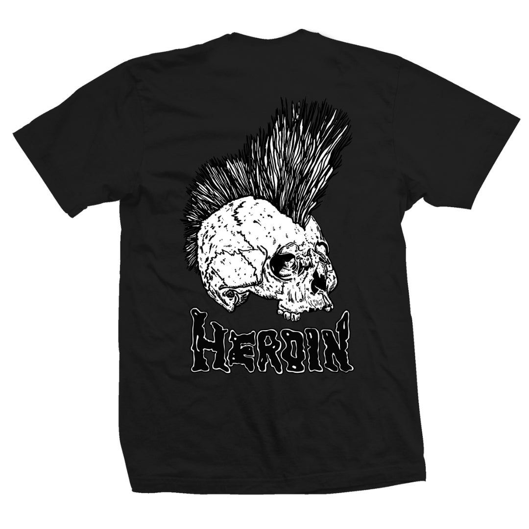Black t-shirt with a skull and mohawk graphic and 'HERoin' text on a white background