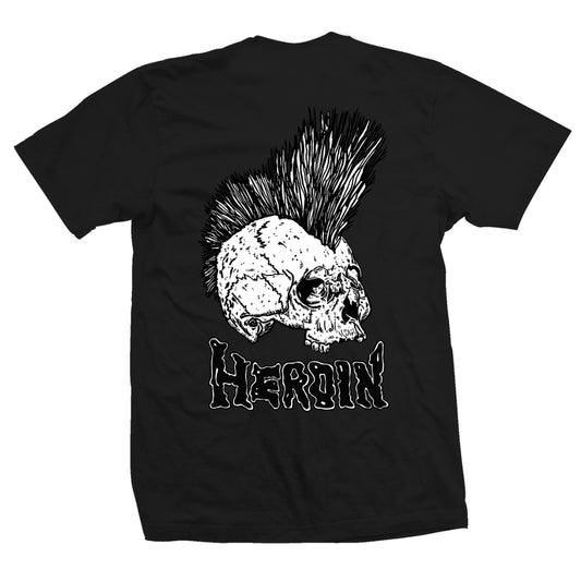 Black t-shirt with a skull and mohawk graphic and 'HERoin' text on a white background