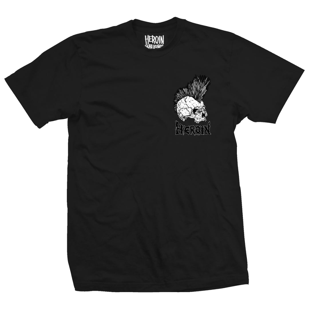 Black t-shirt with a skull and mohawk design on a white background