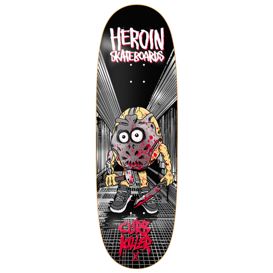 A skateboard deck featuring a graphic illustration of a zombie-like character in a dark hallway, with the text 'HEROIN SKATEBOARDS' at the top and 'CURE WITH IT' at the bottom.