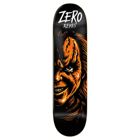 Skateboard deck with a tiger design and 'Zero Reyes' branding on a black background