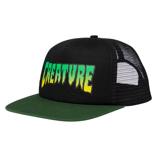 Black and green cap with 'CREATURE' branding on a white background
