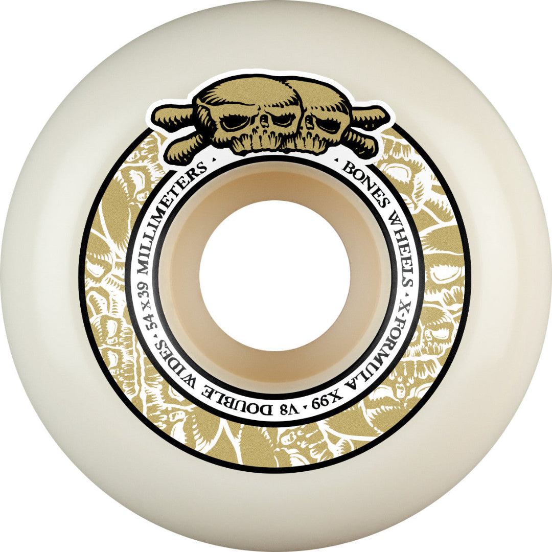Skateboard wheel with skull design and branding on a white background